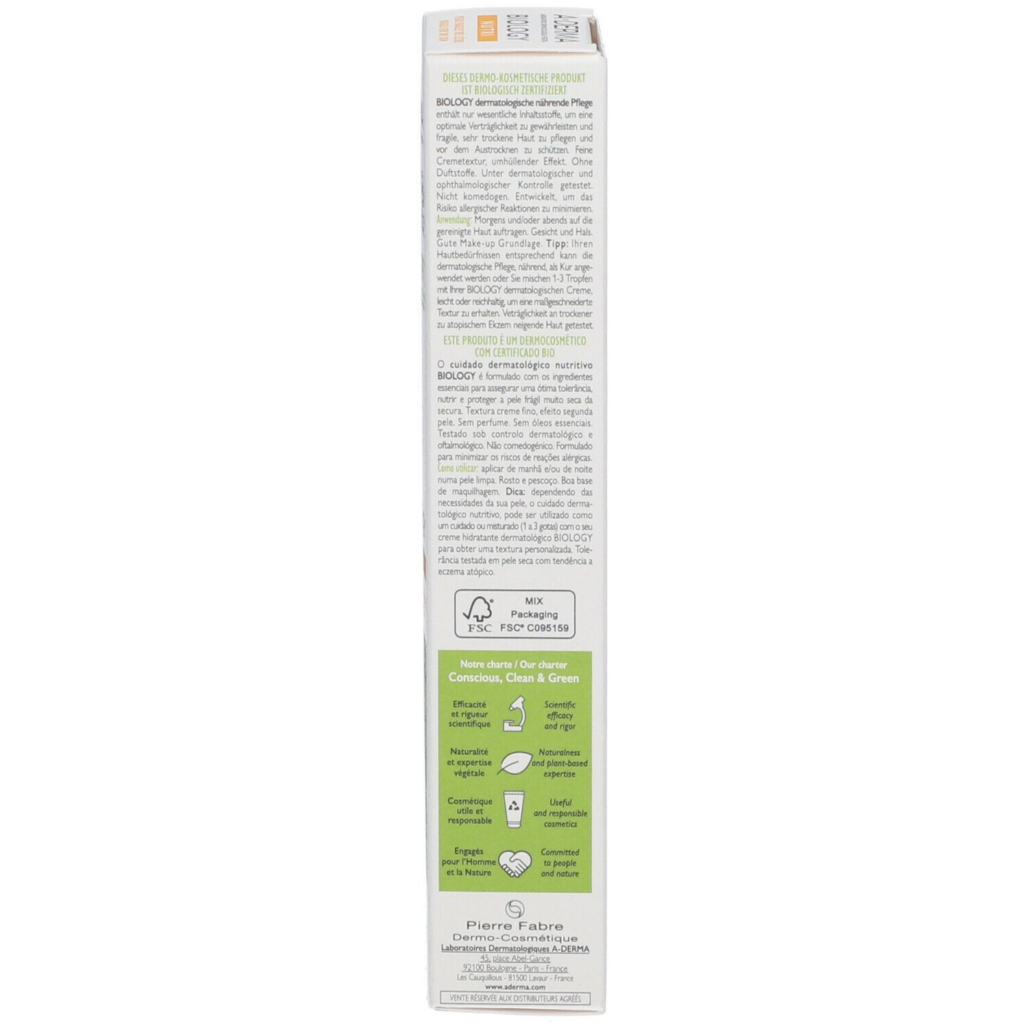 Schmale, längliche Produktverpackung. Text in Deutsch, FSC-Zertifizierung, Logos. A-DERMA BIOLOGY NUTRI Nährende Pflege.