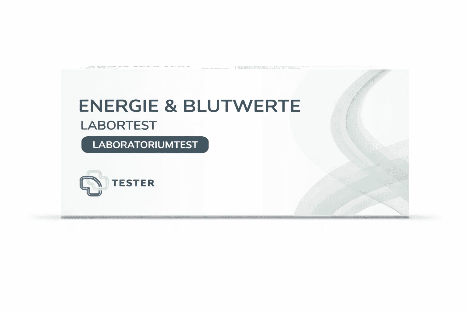 Verpackung eines Labortests zur Bestimmung von Energie & Blutwerten. Enthält einen Tester.