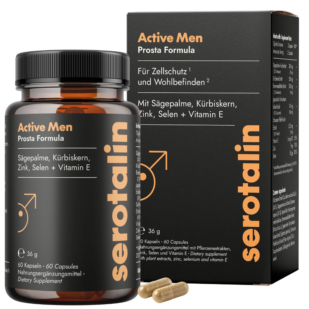 Dose und Schachtel mit Kapseln. Text: Active Men Prosta Formula. Mit Sägepalme, Kürbiskern, Zink, Selen + Vitamin E. 36 g, 60 Kapseln.