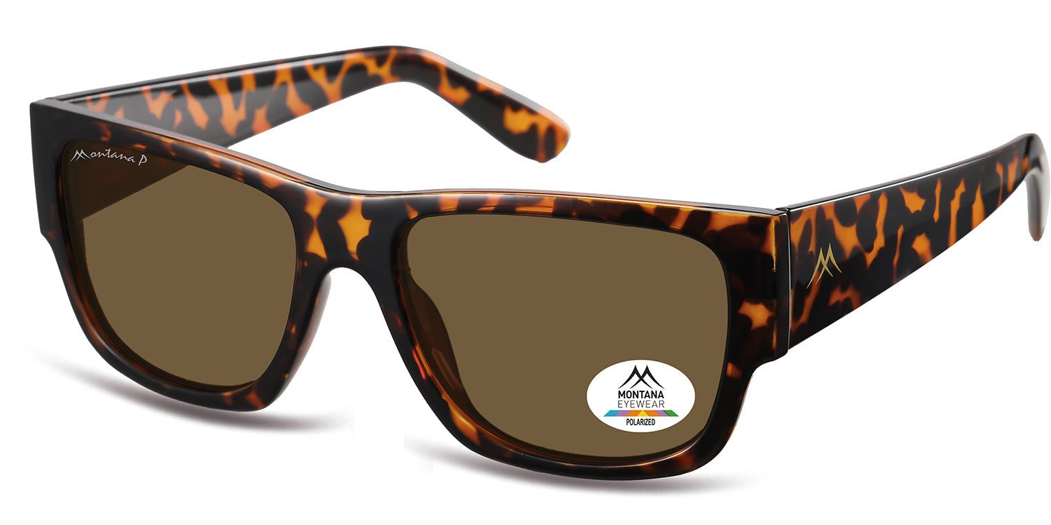 Sonnenbrille mit braunen Gläsern und Schildpatt-Muster. Montana Eyewear Logo und polarisiert-Aufkleber.