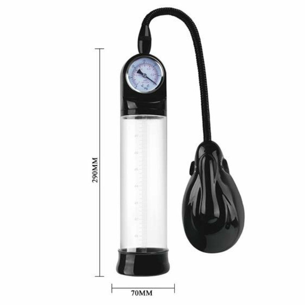 Penispumpe mit Zylinder (290mm x 70mm), Manometer und schwarzer Handpumpe.