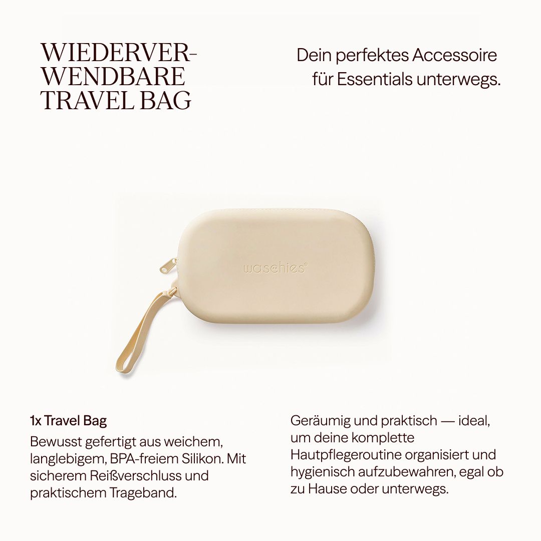 Beige Travel Bag mit Trageband. Text: Wiederverwendbare Travel Bag, 1x Travel Bag, BPA-freies Silikon.