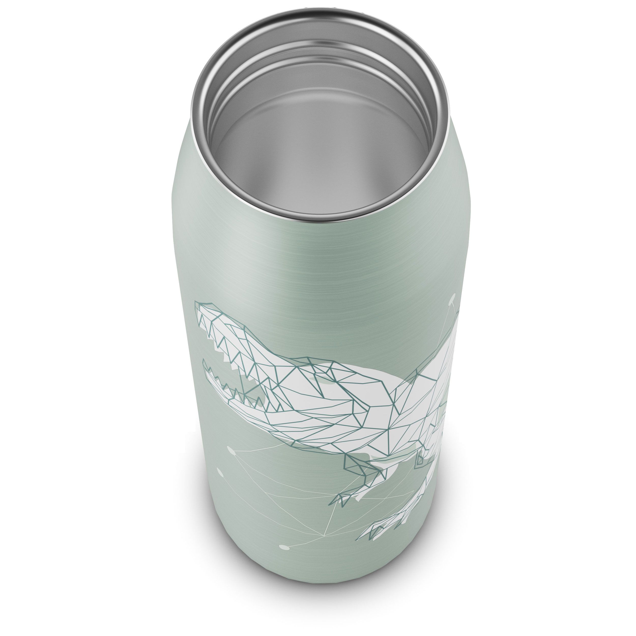 Blick in das Innere einer offenen grünen Isolierflasche mit Dinosaurier-Motiv.