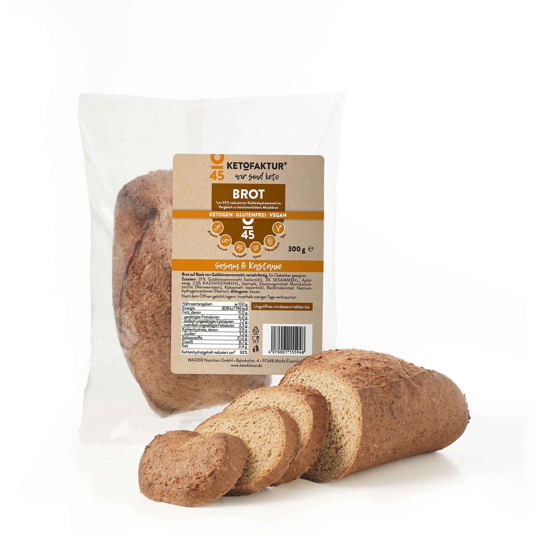 KETOFAKTUR Sesambrot in Folienverpackung. Brotlaib und geschnittene Scheiben. Etikett mit Produktinformationen.