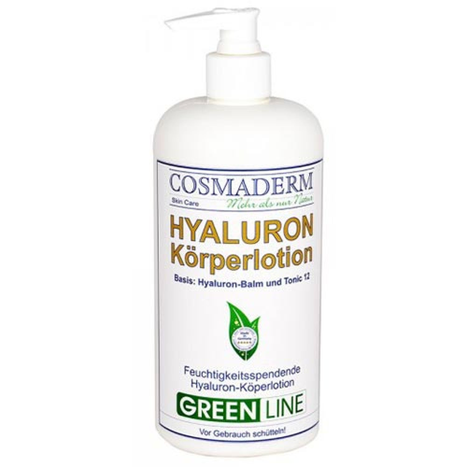 Weiße Flasche mit Pumpe. Beschriftung: COSMADERM, HYALURON Körperlotion, GREEN LINE. Enthält Hyaluron-Balm und Tonic 12. Vor Gebrauch schütteln.