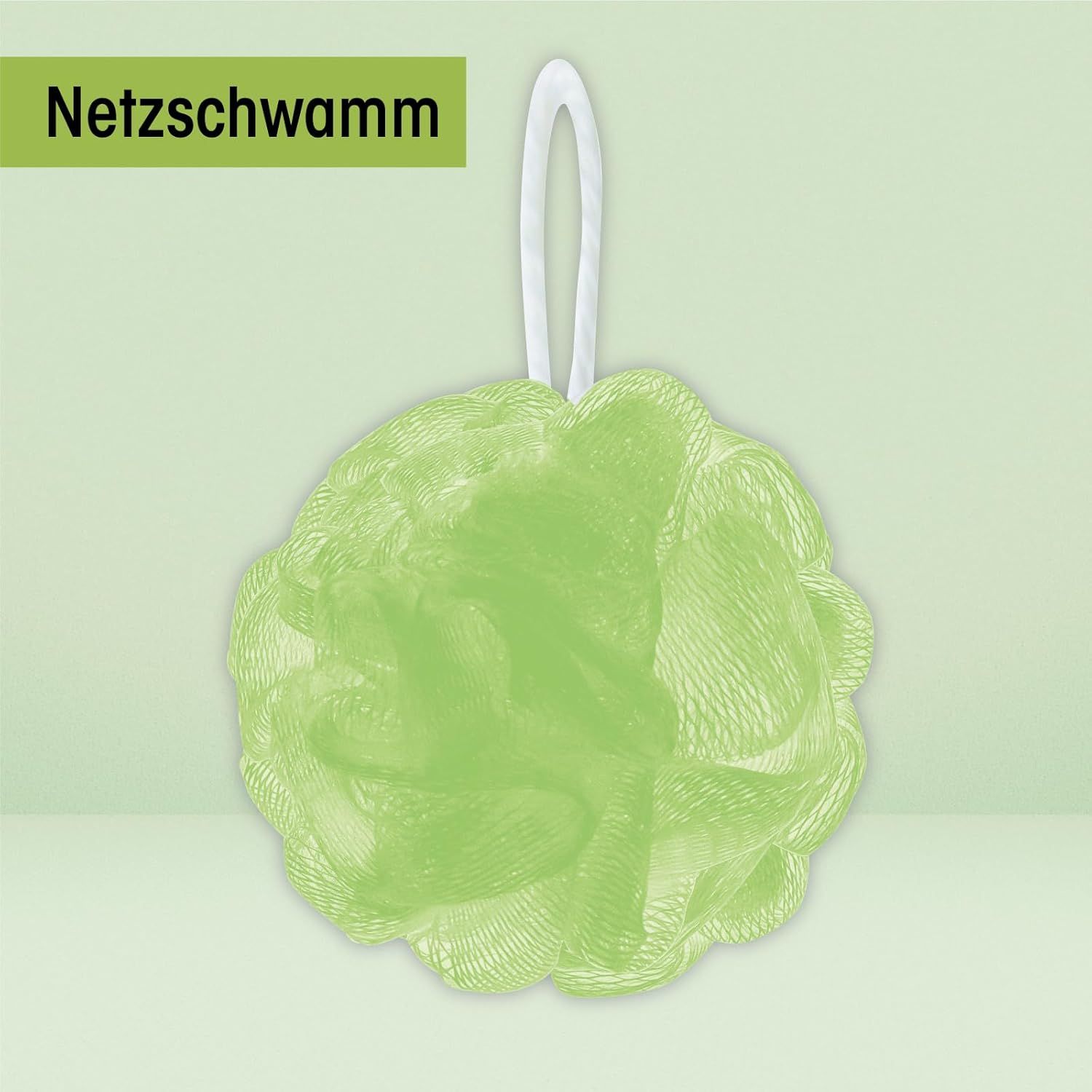 Grüner Badeschwamm mit weißem Band zum Aufhängen. Runde Form.