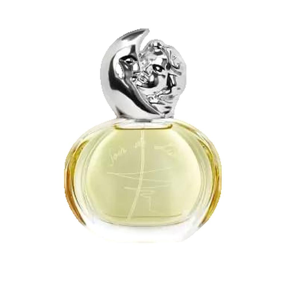 Runder Glasflakon mit silberfarbenem Mond- und Gesichtsverschluss. Aufschrift "Soir de Lune".