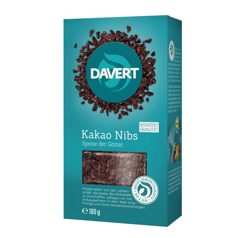 Verpackung von Kakao Nibs. Marke: Davert. Text: Kakao Nibs, Rohkost Qualität, Bio & Fair. Inhalt: 180g.