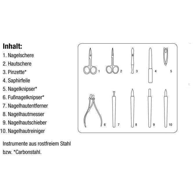 SANIQUE Maniküre-Set 10-teilig für Hand- und Fußnagelpflege im Echtleder-Etui