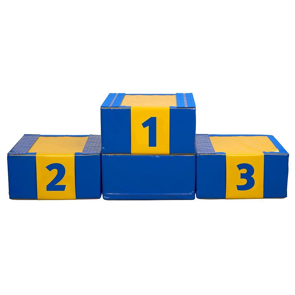 Blau-gelbes Podest mit den Zahlen 1, 2 und 3. Rechteckige Form, drei Ebenen. Für Indoor-Aktivitäten.