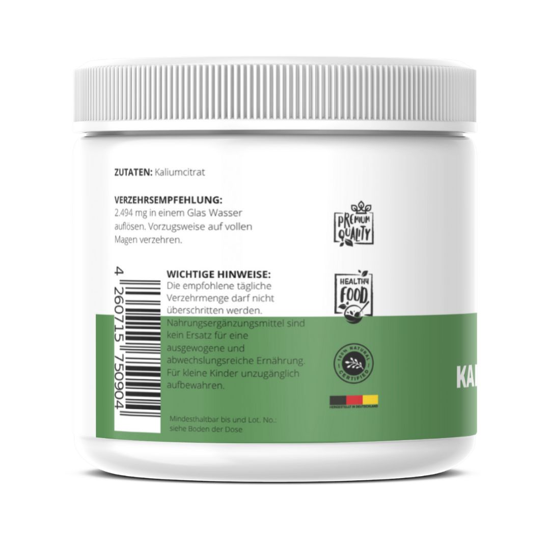 Rückseite einer weißen Dose Kaliumcitrat-Pulver. Enthält Hinweise zur Einnahme und Zertifizierungen. Marke: VitaminFuchs.