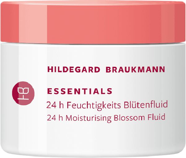 Weißer Tiegel mit rosafarbenem Deckel. Aufschrift: Hildegard Braukmann, Essentials 24h Feuchtigkeits Blütenfluid, 24h Moisturising Blossom Fluid.