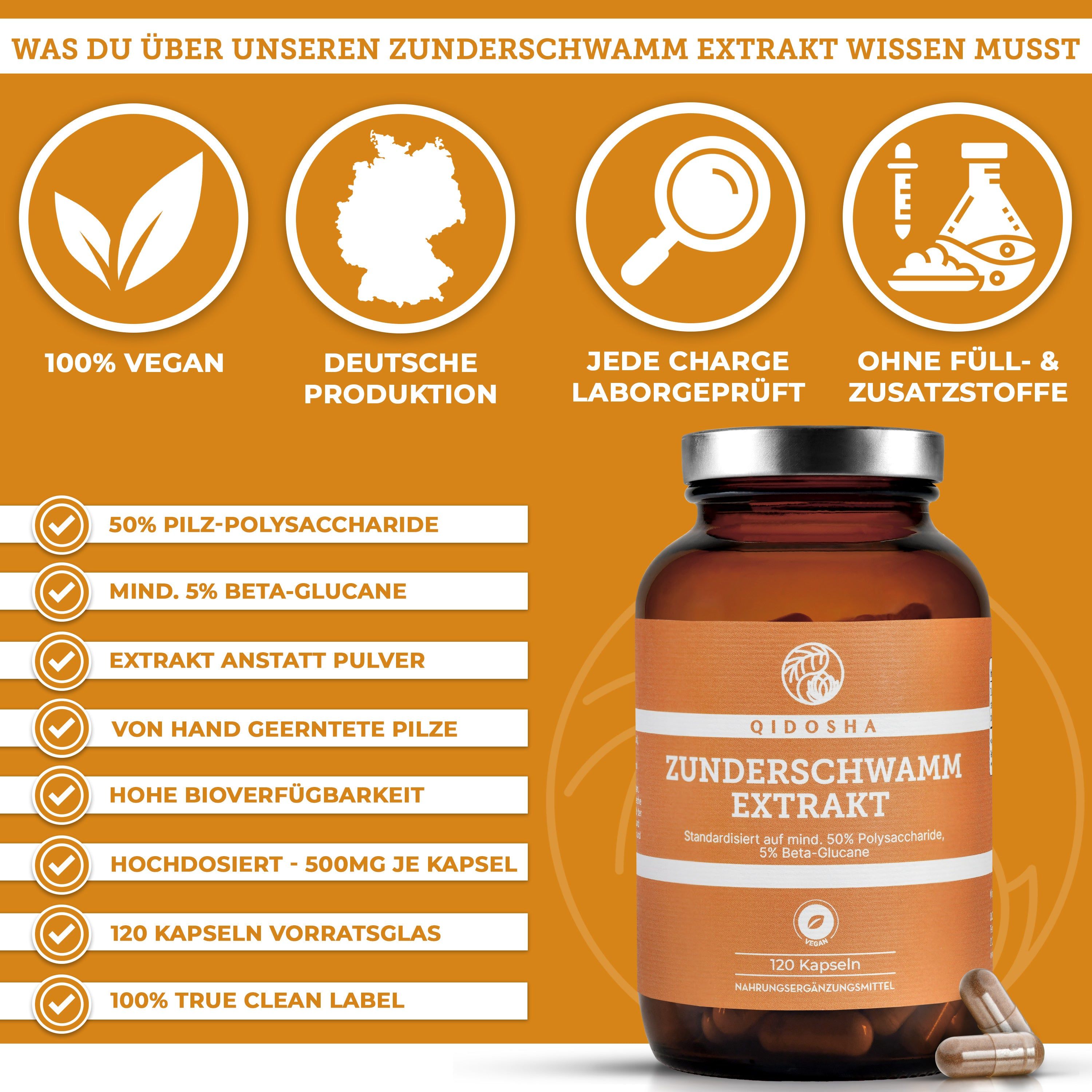 QIDOSHA Zunderschwamm Extrakt Flasche mit Kapseln, vegan, deutsche Produktion, laborgeprüft.