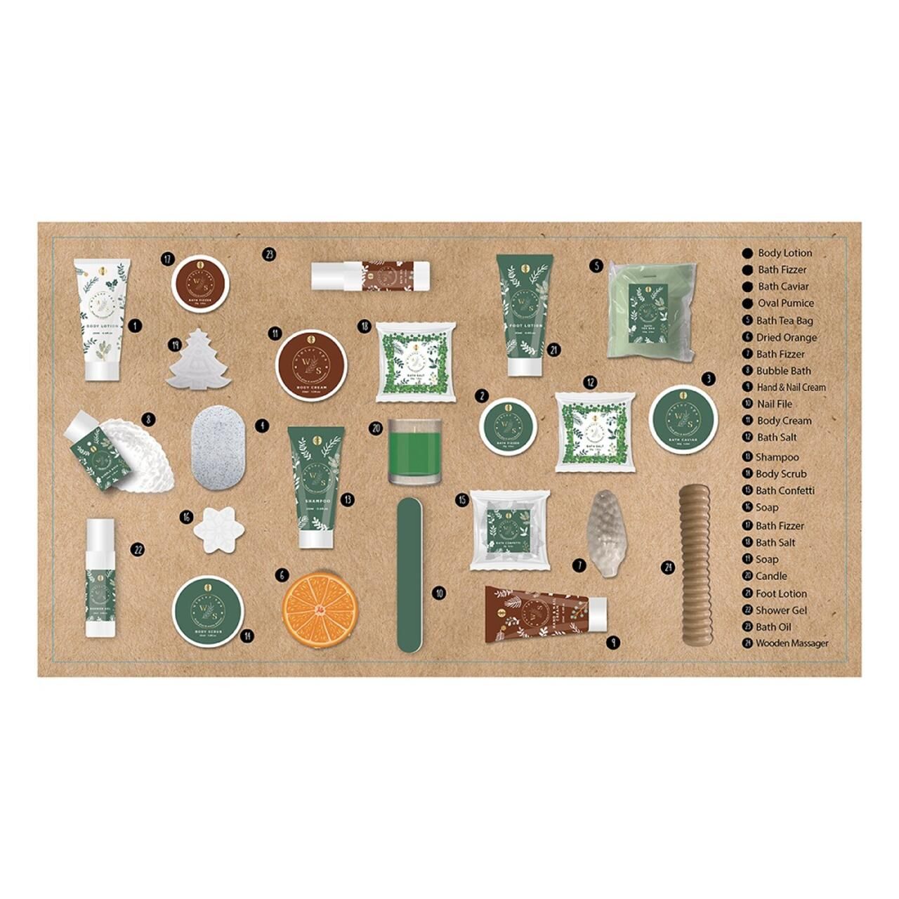 Ausgebreitete Produkte des Adventskalenders. Enthalten Cremes, Badezusätze, Kerze, Nagelfeile und Holzroller.