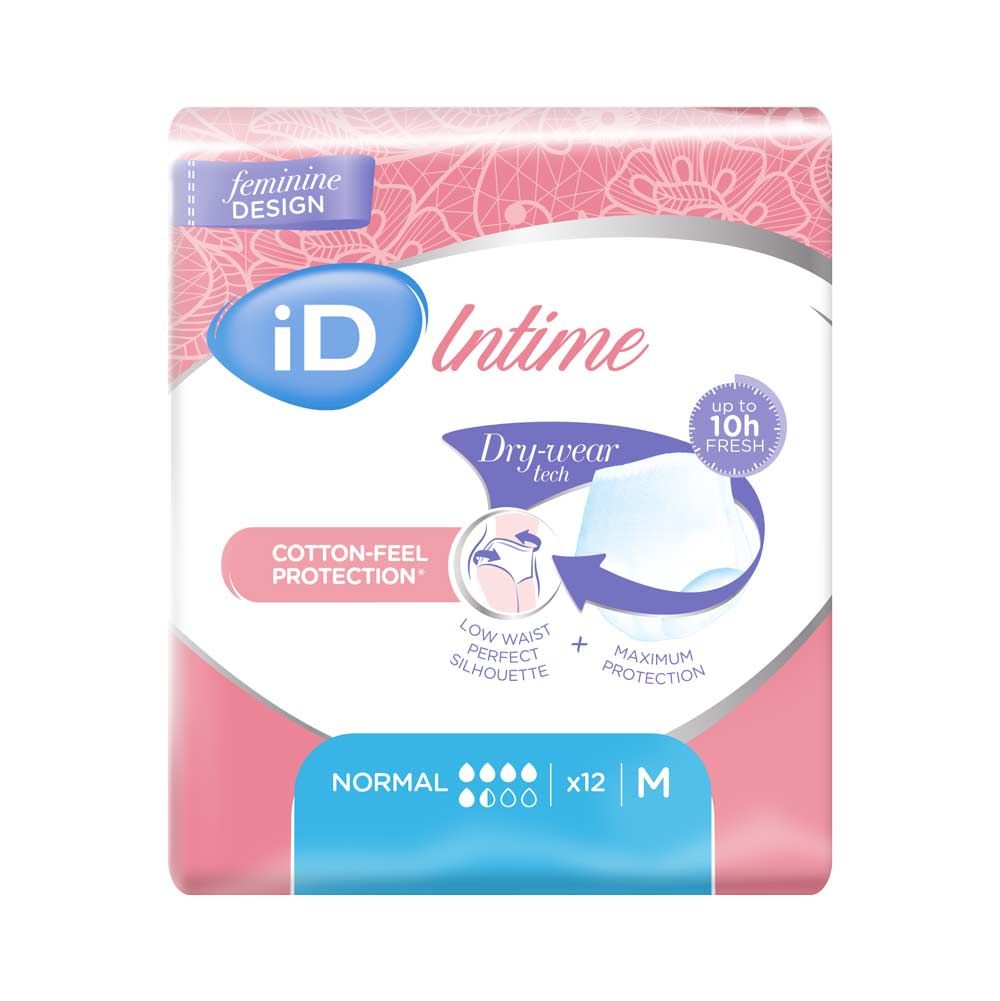 Verpackung mit iD Intime Pants Normal M. Rosa und weiße Verpackung mit Produktlogo und Produktinformationen. Enthält 12 Stück.