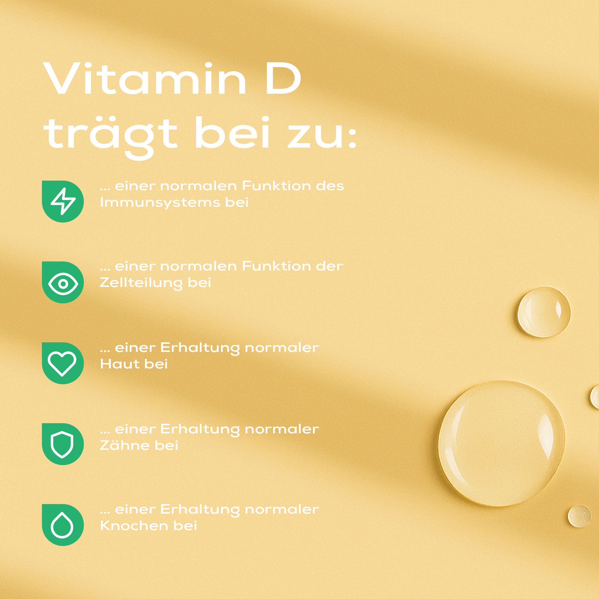 Gelber Hintergrund mit Tropfen. Text: "Vitamin D trägt bei zu: ... einer normalen Funktion des Immunsystems bei".