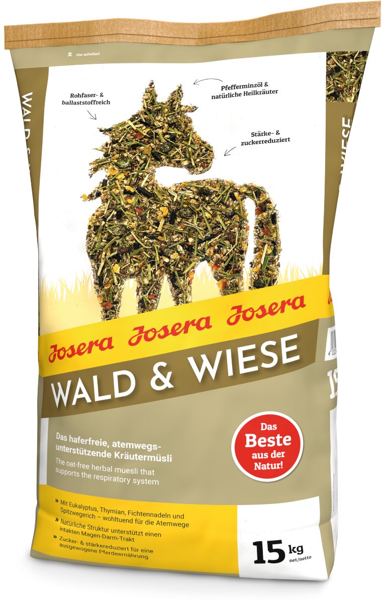 Beutel JOSERA Wald & Wiese Kräutermüsli, 15 kg. Abbildung eines Pferdes aus Kräutern.