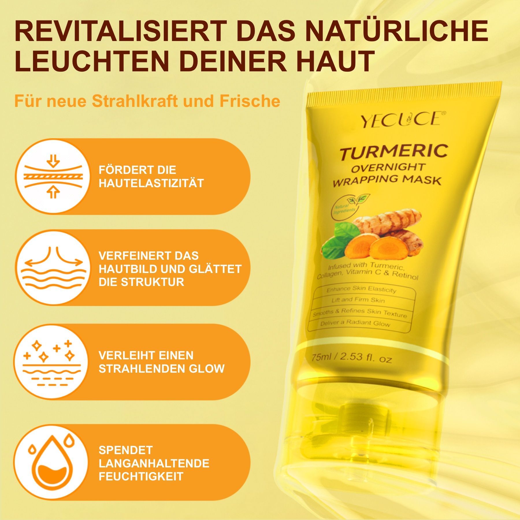 Gelbe Tube mit 'Turmeric Overnight Wrapping Mask'.