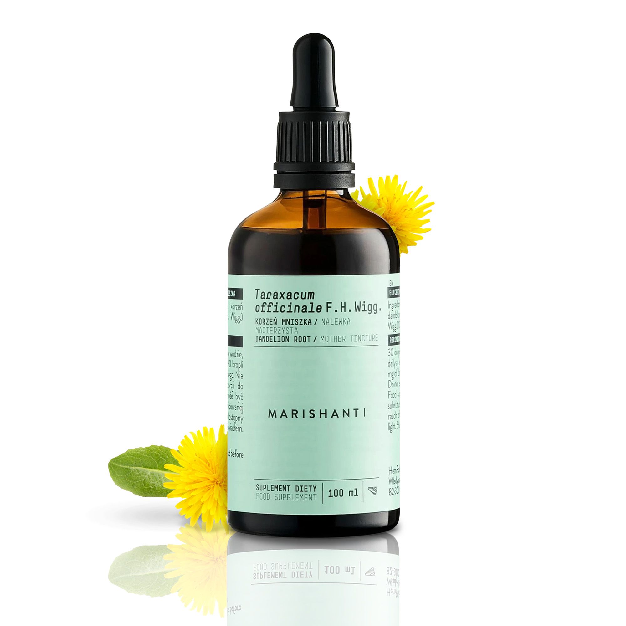 Braune Flasche mit Tropfer, gelbe Blüten und Blätter. Text: Marishanti, Löwenzahnwurzel Extrakt. 100 ml.