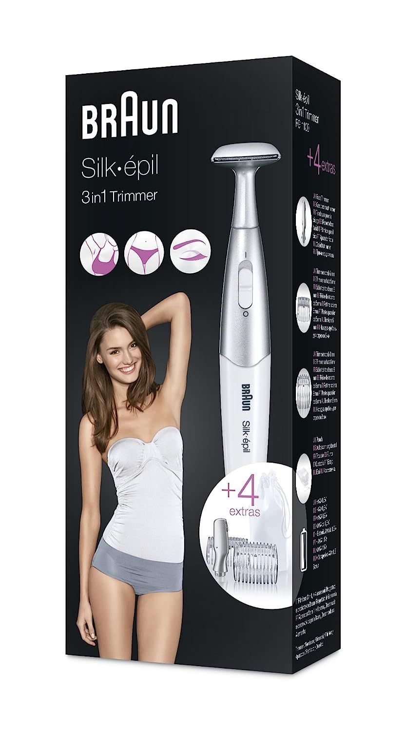 Verpackung der Braun Silk-épil 3-in-1 Trimmer. Frau mit weißem Oberteil und grauer Unterhose.