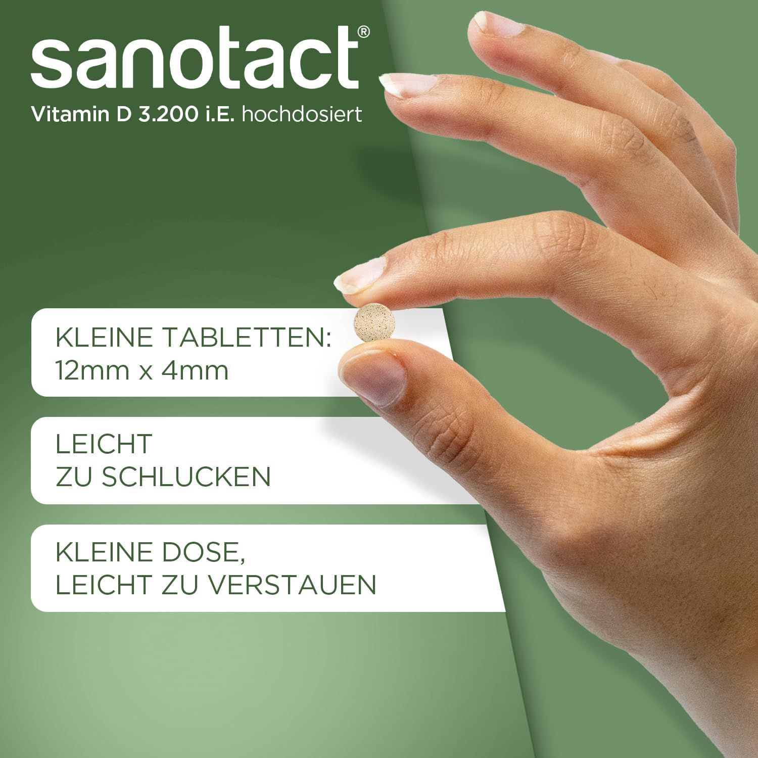 Hand hält eine Tablette. Text: Kleine Tabletten: 12mm x 4mm. Leicht zu schlucken. Kleine Dose, leicht zu verstauen.