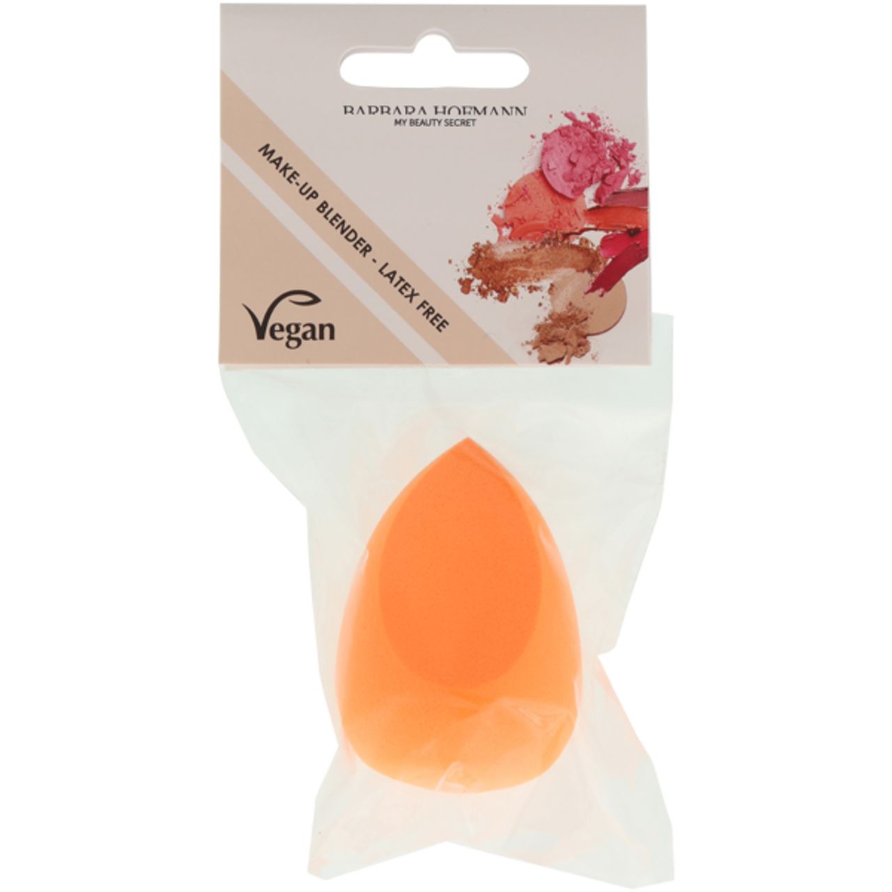 Make-up Blender, orange, latexfrei, in Verpackung. Marke: Barbara Hofmann. Vegan-Siegel.