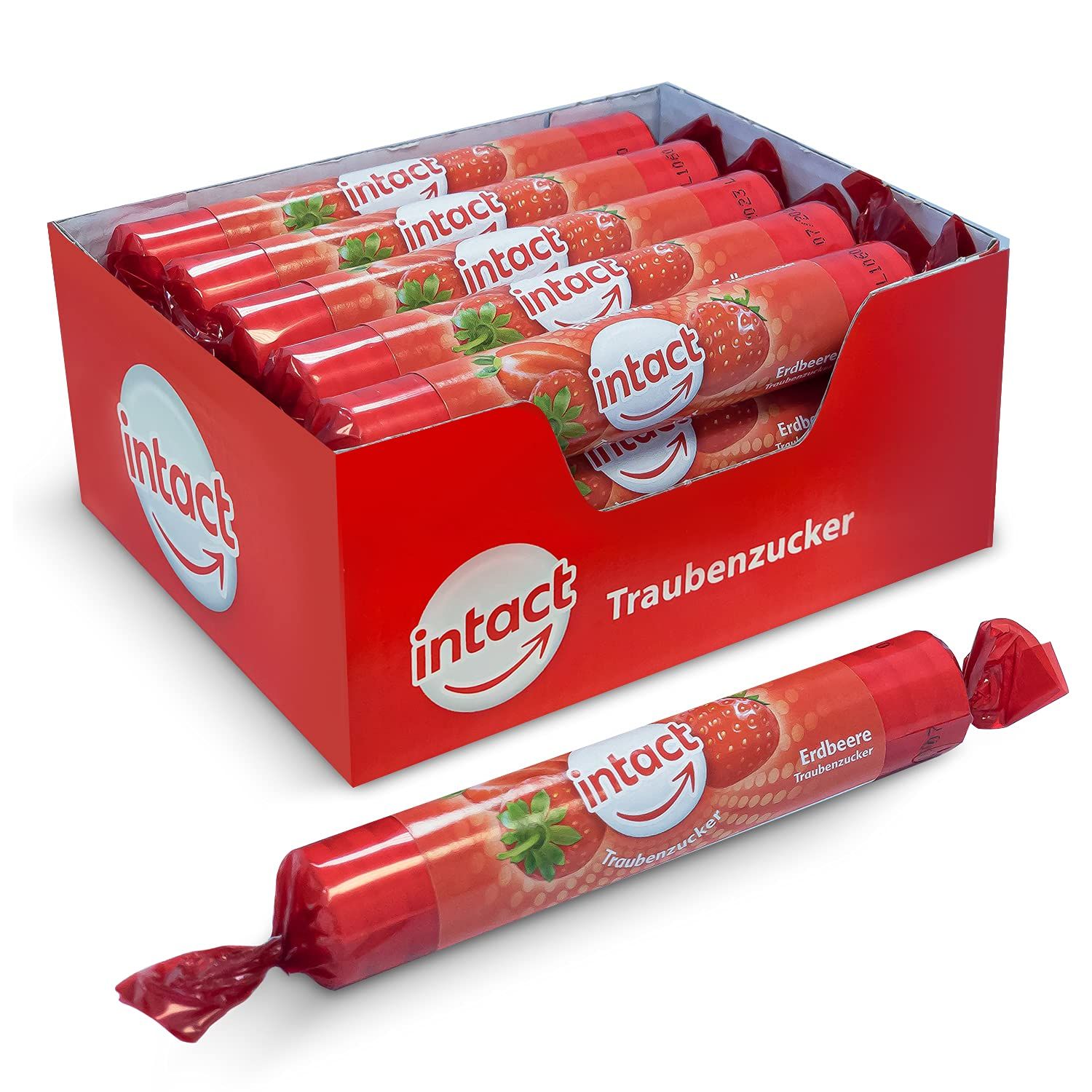Geöffnete rote Schachtel mit Erdbeer-Traubenzucker-Rollen. Eine Rolle liegt davor. Produktname und Logo sichtbar.