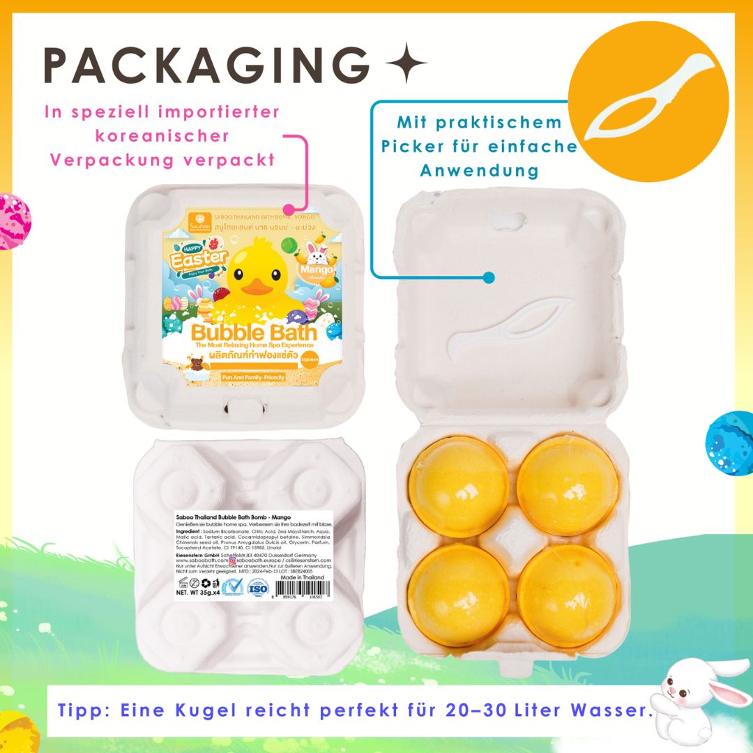 Verpackung mit Badebomben. Geöffnete Verpackung mit vier Badebomben. Picker zur Anwendung.