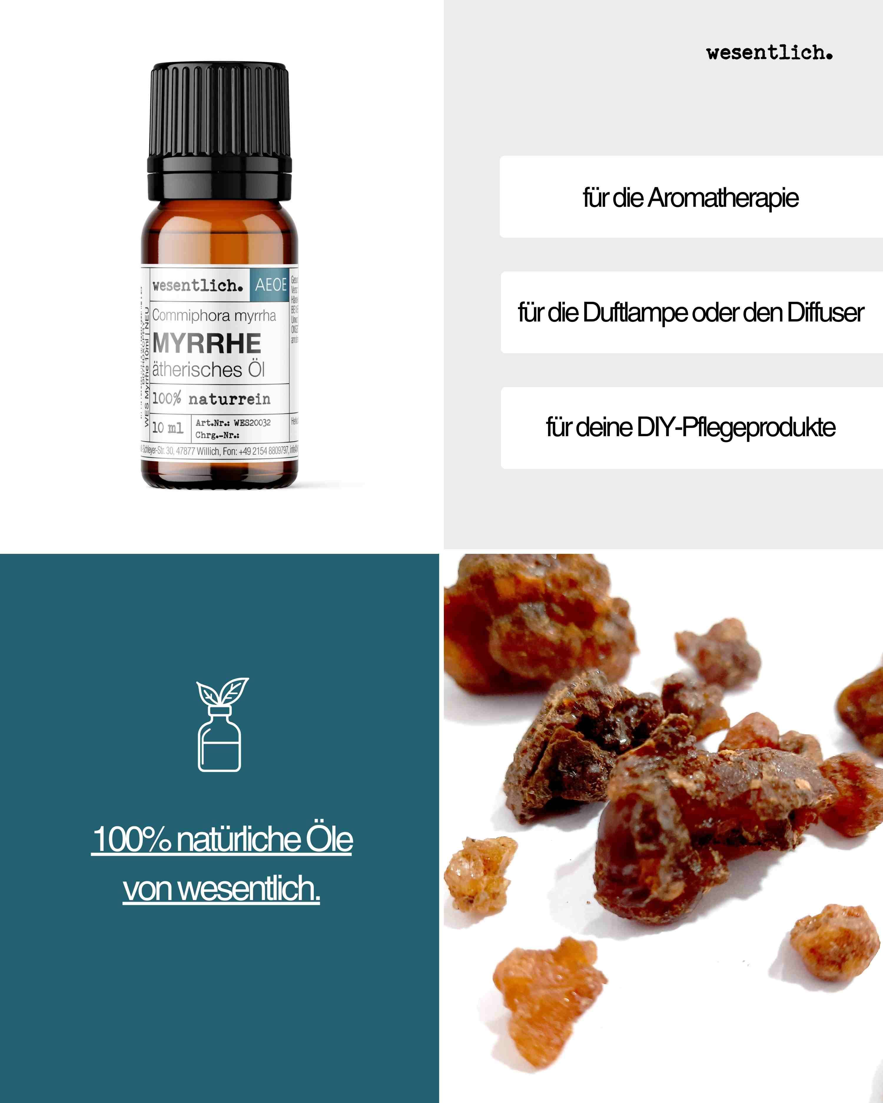 Flasche Myrrheöl, daneben Textfelder für Aromatherapie, Duftlampe und DIY-Pflegeprodukte.
