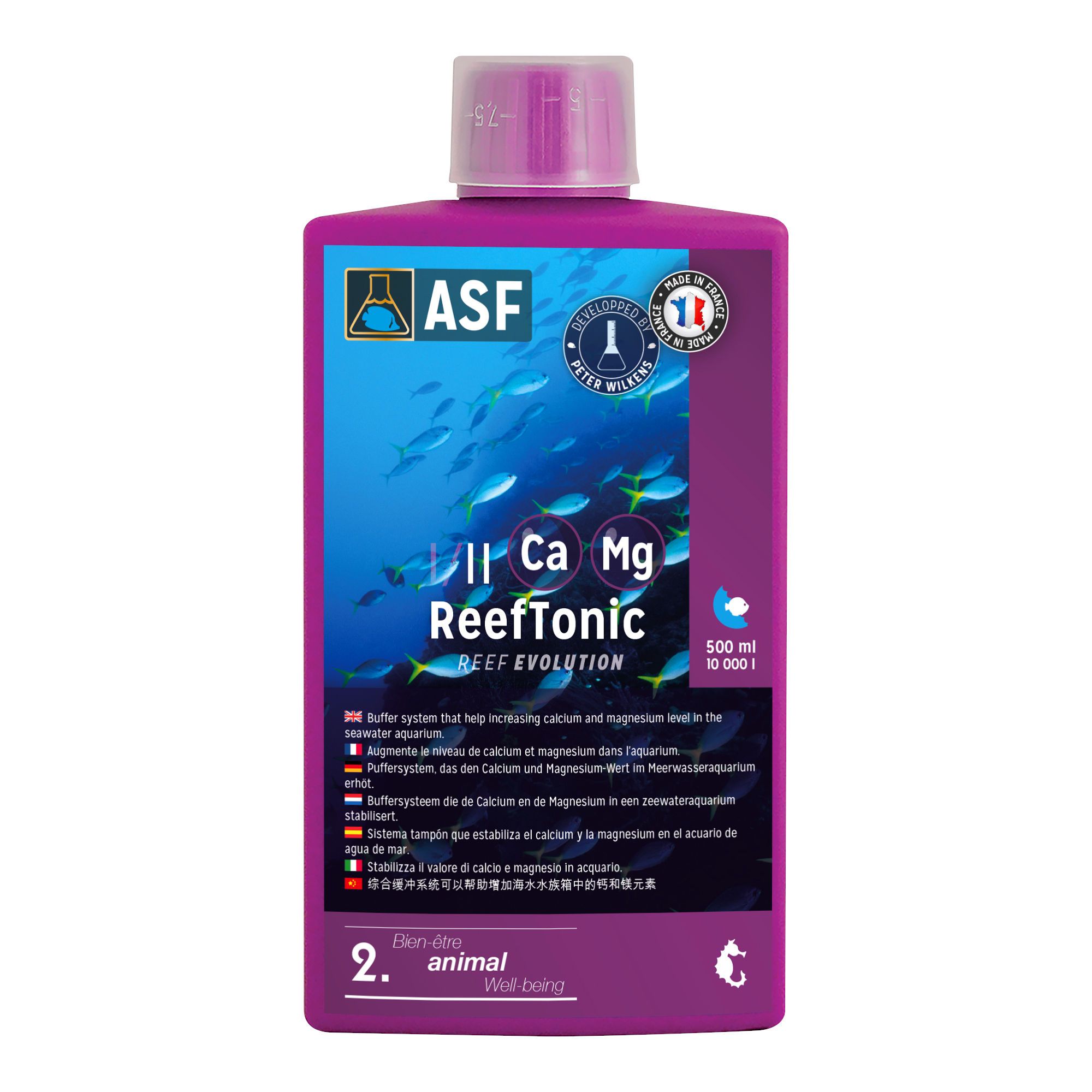 Violette Flasche von Reef Tonic. Mit Logo und Produktnamen. Enthält Ca, Mg. Französisches Qualitätssiegel.