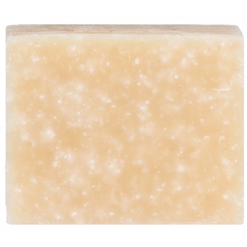 Khadi Shanti Soap Himalaya Crystal. Sapone rettangolare beige con particelle visibili. Primo piano, vista dall'alto.