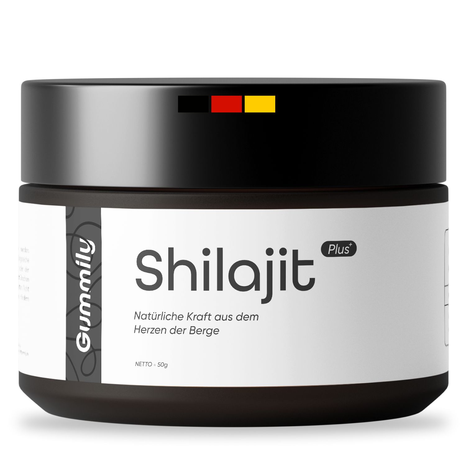 Schwarzes Produktglas mit weißem Etikett. Aufschrift: Shilajit Plus, Gummily. Schwarzer Deckel mit Deutschlandflagge.