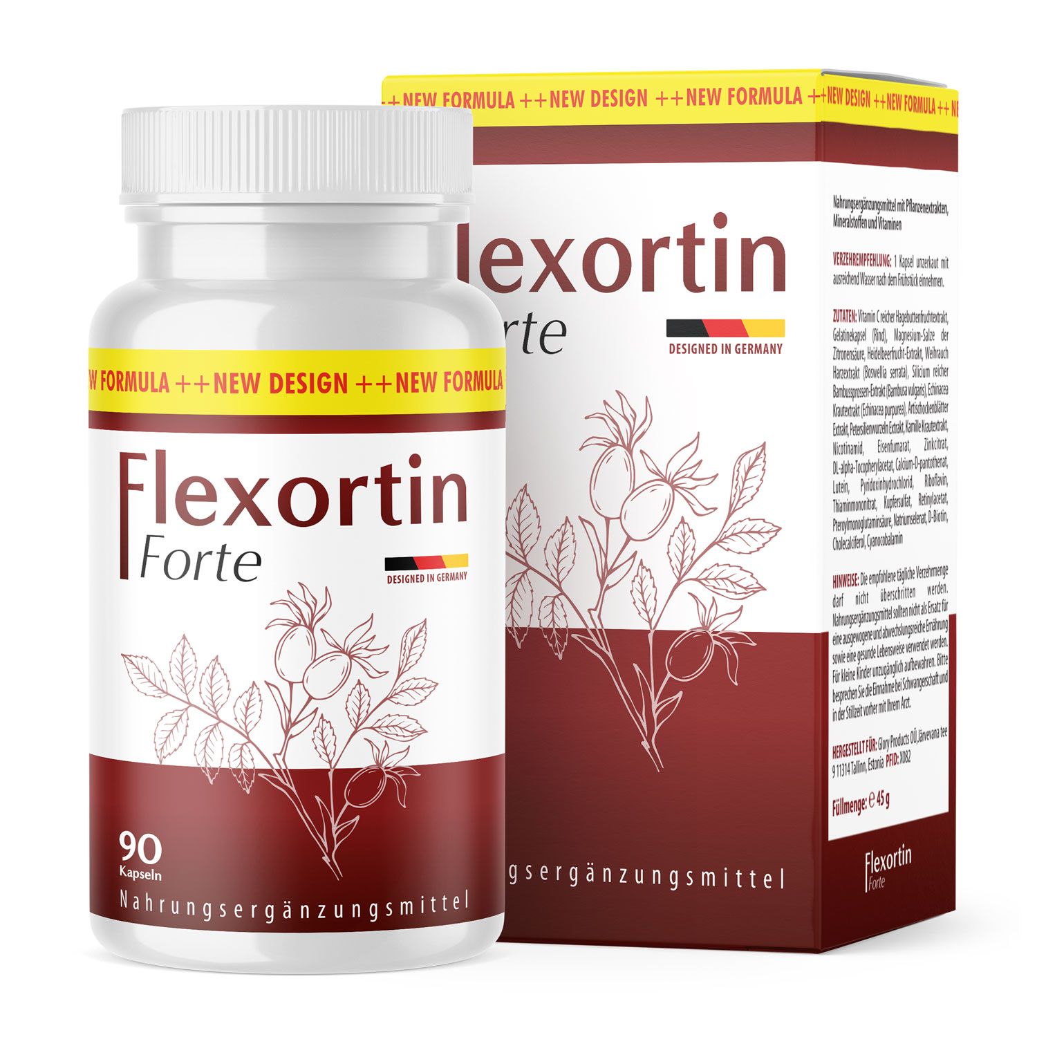 Flexortin Forte Kapseln in Flasche und Verpackung. Flasche mit 90 Kapseln. Verpackung mit Produktinformationen und Logo.