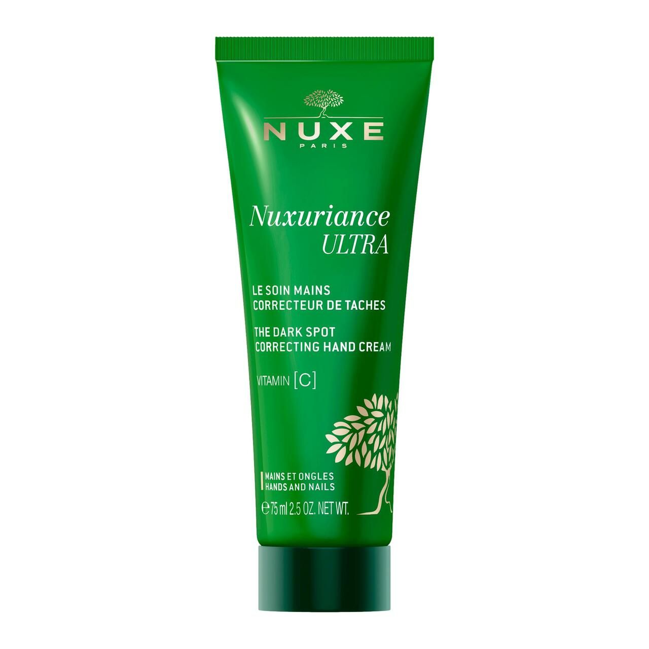 Grüne Tube mit NUXE Nuxuriance Ultra Handcreme. Text: Le soin mains, Correcteur de taches, Vitamin C. 75ml.