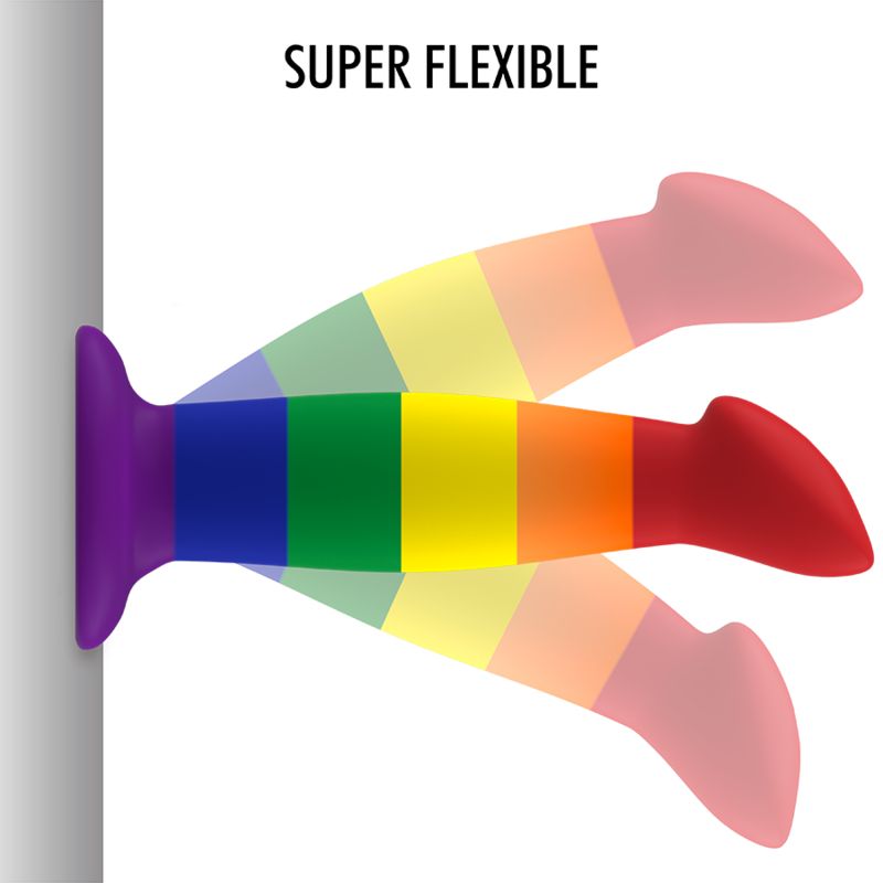 Drei Regenbogenfarbene Dildos, flexibel dargestellt.