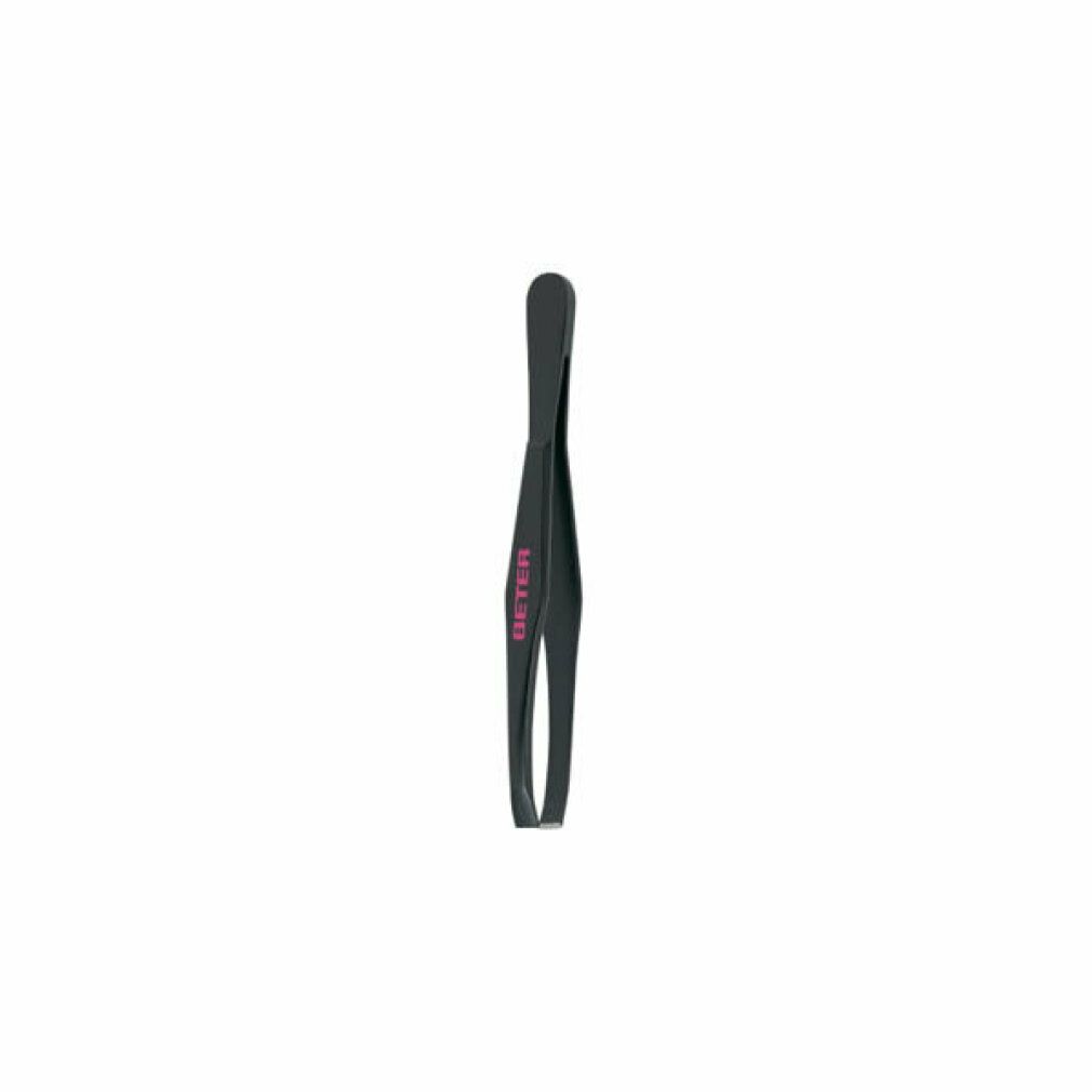 Schwarze Pinzette mit gerader Spitze und rosa Markierung.