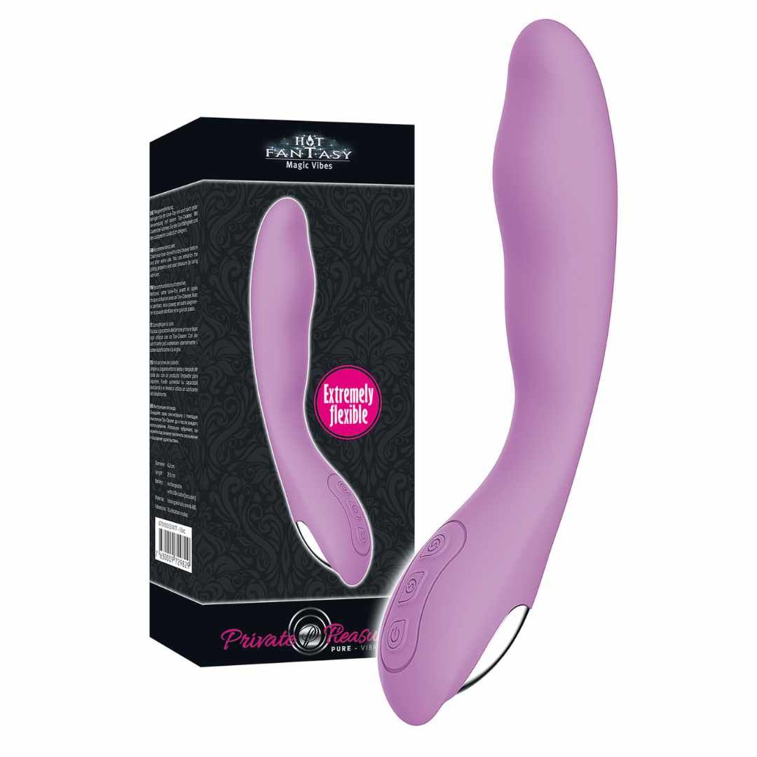 Lila Vibrator neben Verpackung. Verpackung mit Produktbild, Text und Logo von Hot Fantasy.