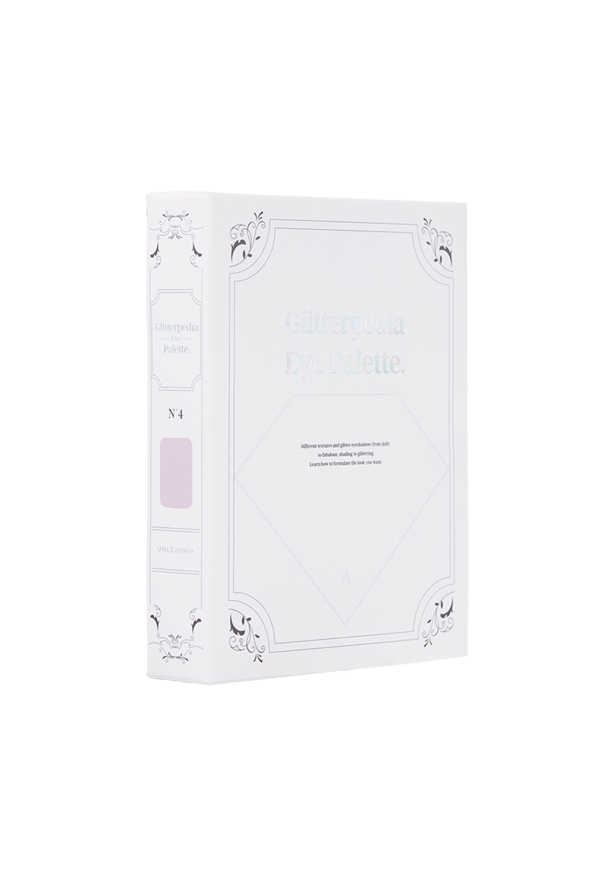 Weißes Buch-Design mit 'Glitterpedia Eye Palette' und 'N°4' Schriftzug. Enthält einen lila Farbton.