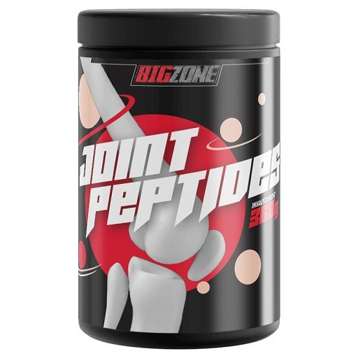 Schwarze Dose mit weißem Schriftzug 'JOINT PEPTIDES' und 'BIGZONE'. Roter Hintergrund mit Knochen-Illustration.