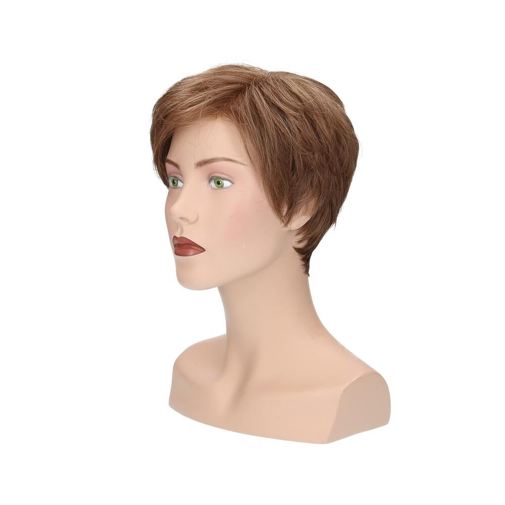 Perücke Magnolie von Lofty. Kurze, braune Kunsthaarperücke auf einem Schaufensterkopf. Seitenansicht.