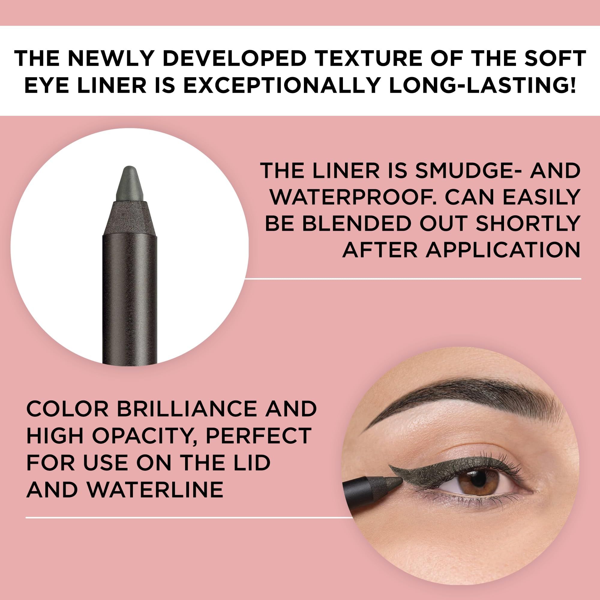 Grauer Artdeco Soft Eye Liner Waterproof. Text: Neue Textur, wischfest, wasserfest, hohe Deckkraft, für Lid und Wasserlinie.