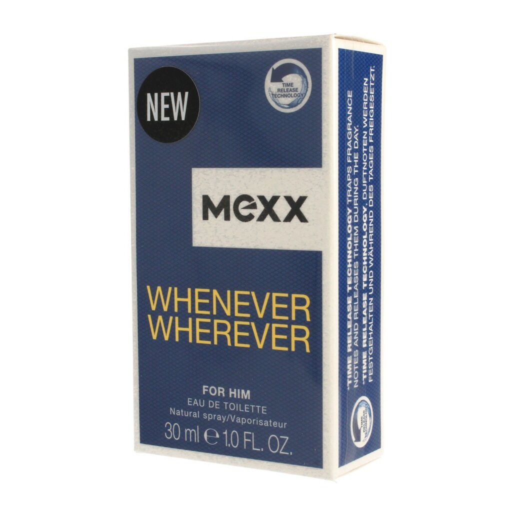 Blauer Karton mit "NEW"-Aufkleber. "MEXX" und "WHENEVER WHEREVER" Schriftzug. "FOR HIM" und "Eau de Toilette" Text.