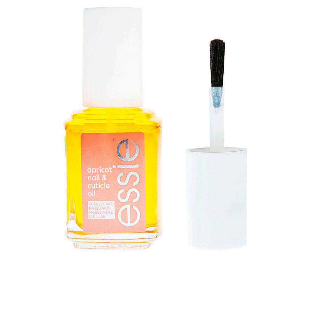 Glasflasche mit gelbem Inhalt, weißem Deckel und Pinsel. Aufkleber mit Text: apricot nail & cuticle oil, essie.