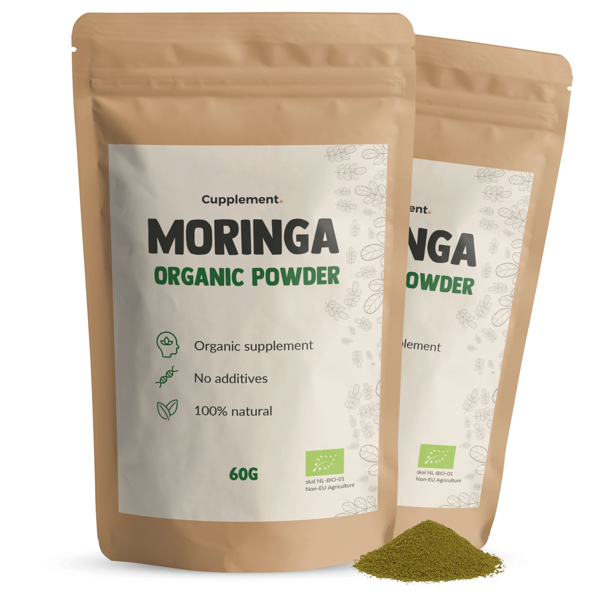 Zwei Beutel Cupplement Moringa BIO. Aufschrift: Moringa Organic Powder, 60g. Siegel: EU-Bio-Logo.