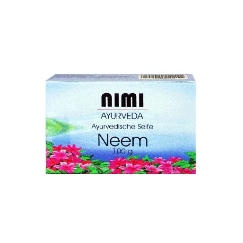 Verpackung von Nimi Ayurvedische Seife. Oben steht Nimi, darunter Ayurveda und Neem. Unten steht 100 g.