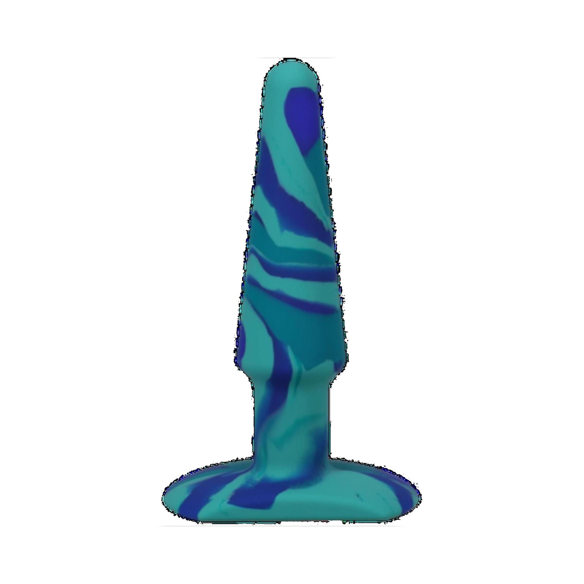 Analplug aus Silikon. Blau-türkis marmoriertes Design. Konische Form mit breiter Basis.