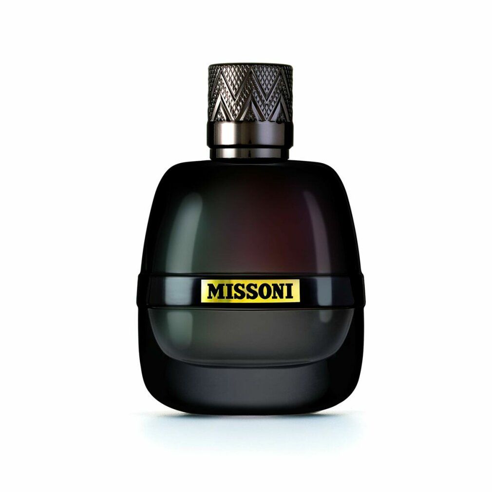Missoni Eau de Parfum Flakon mit schwarzem, strukturiertem Verschluss und goldfarbenem Etikett.