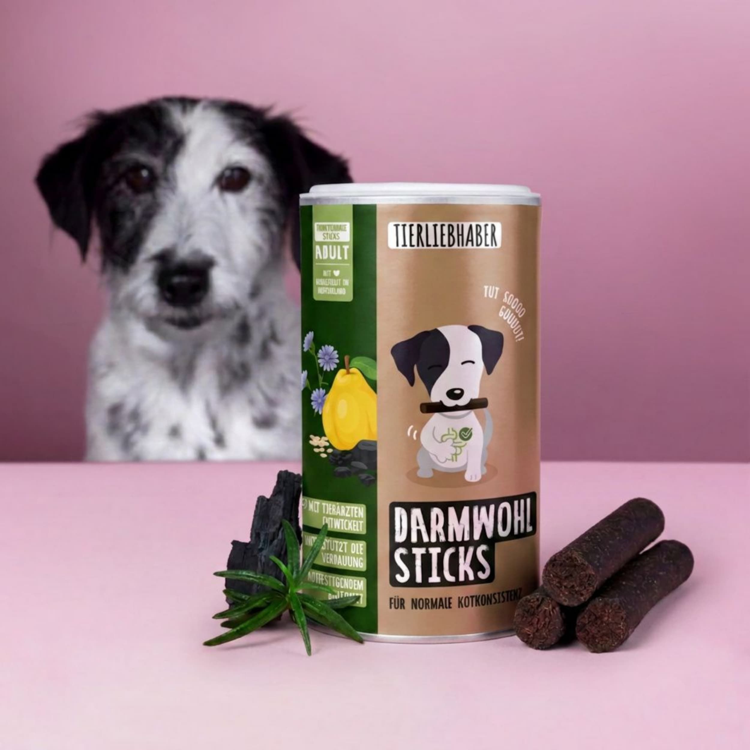 Hundekekse in Stäbchenform, verpackt in einer Dose mit Hundemotiv.