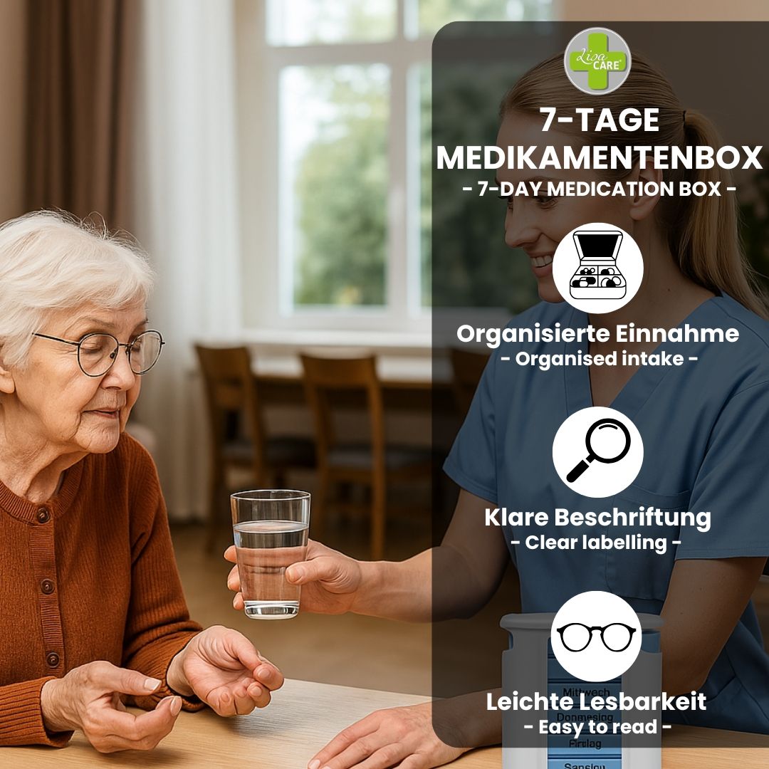 Ältere Frau und Betreuerin. Text: 7-Tage Medikamentenbox, organisierte Einnahme, klare Beschriftung, leichte Lesbarkeit.