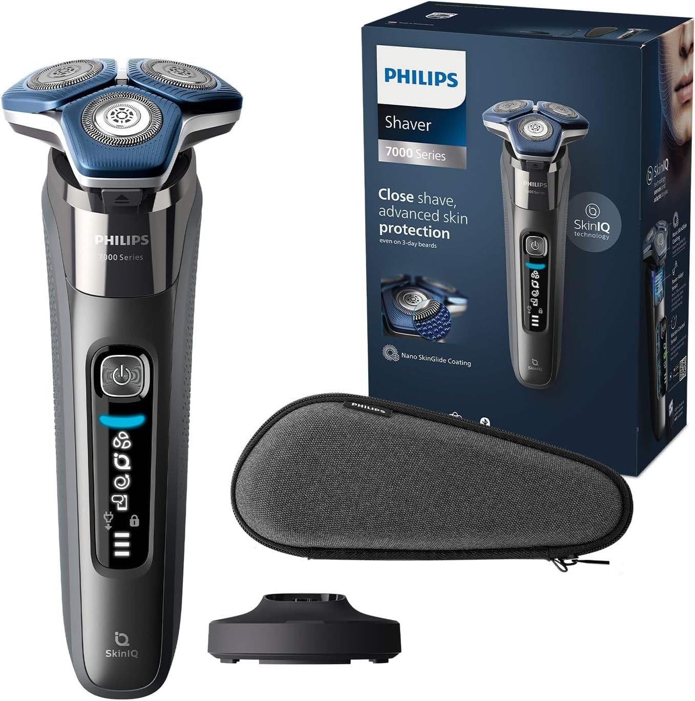 Elektrischer Rasierer mit Zubehör: Ladestation, Etui und Verpackung. Schwarzes Gehäuse, blaue Rasierköpfe. Philips Shaver 7000 Series.